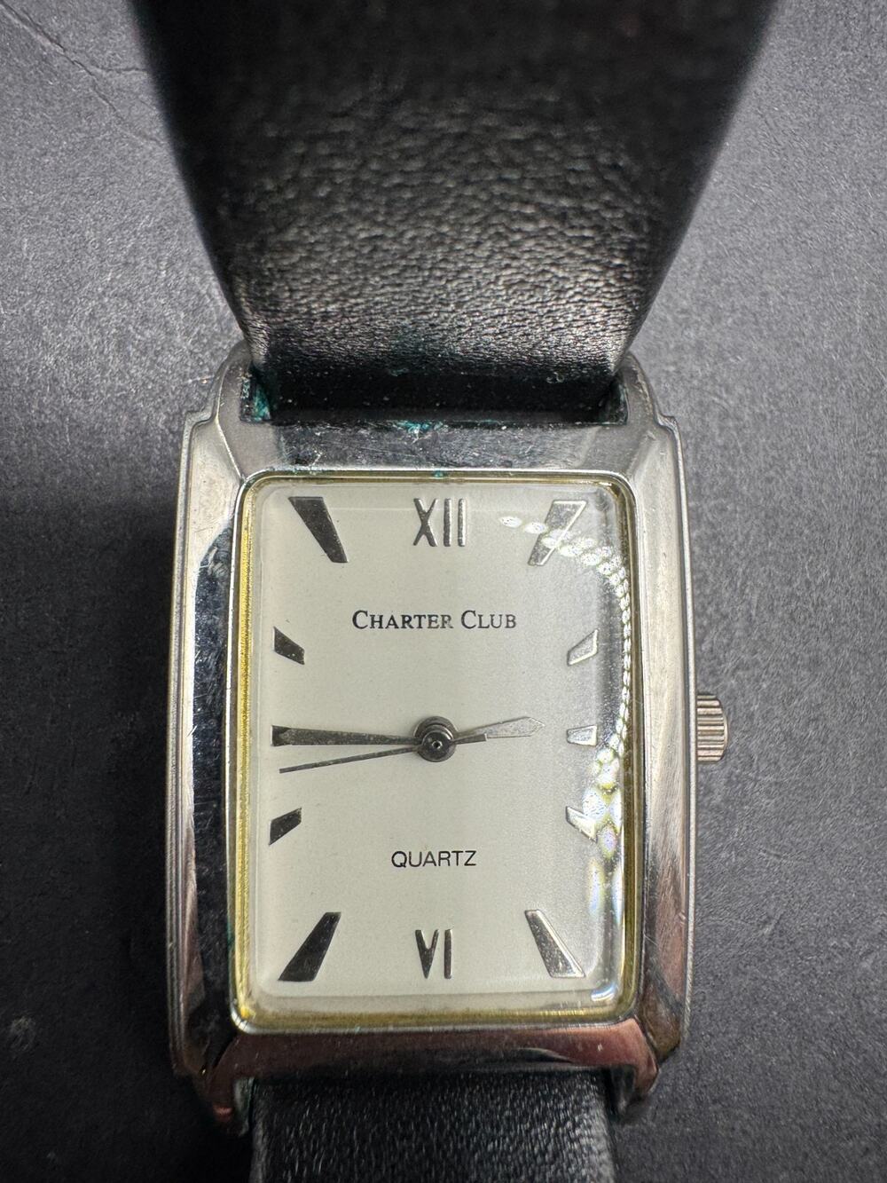 Vtg Charter Club Women’s Tank Quartz Watch Genuine Black Leather Band 24mm
